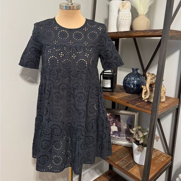 Staud Hyacinth Embroidered Eyelet Babydoll Mini Dress Black Short Sleeve SIZE SM - Picture 2 of 11